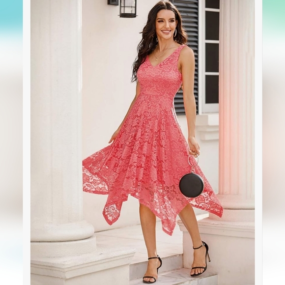 Meetjen Dresses & Skirts - NWOT Meetjen Women's Vintage Floral Lace Asymmetrical Hem Coral Cocktail Dress